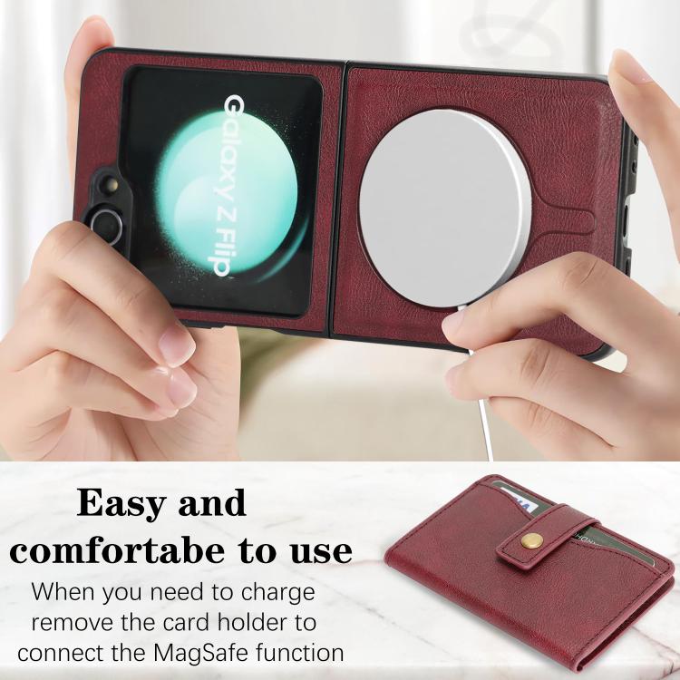 For Samsung Galaxy Z Flip6 / Flip7 FE Kalebol Magnetic Button Card Bag MagSafe Ring Leather Phone Case