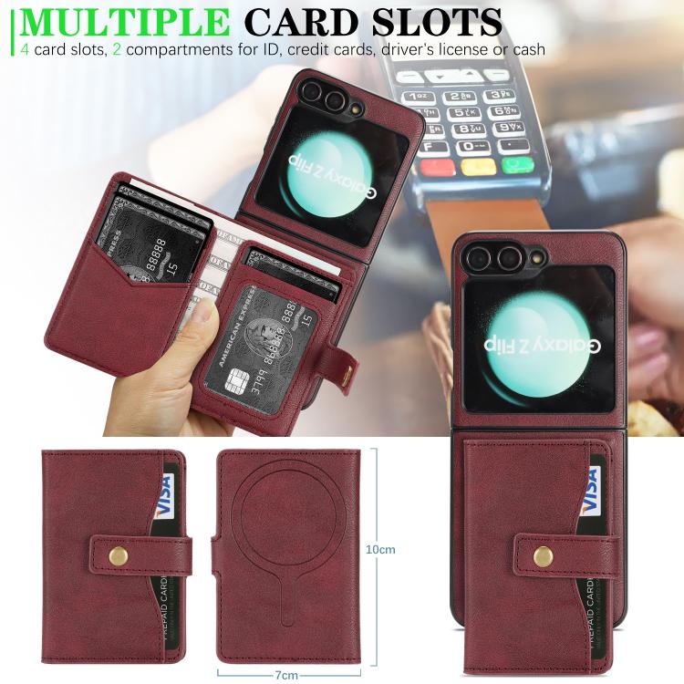 For Samsung Galaxy Z Flip6 / Flip7 FE Kalebol Magnetic Button Card Bag MagSafe Ring Leather Phone Case