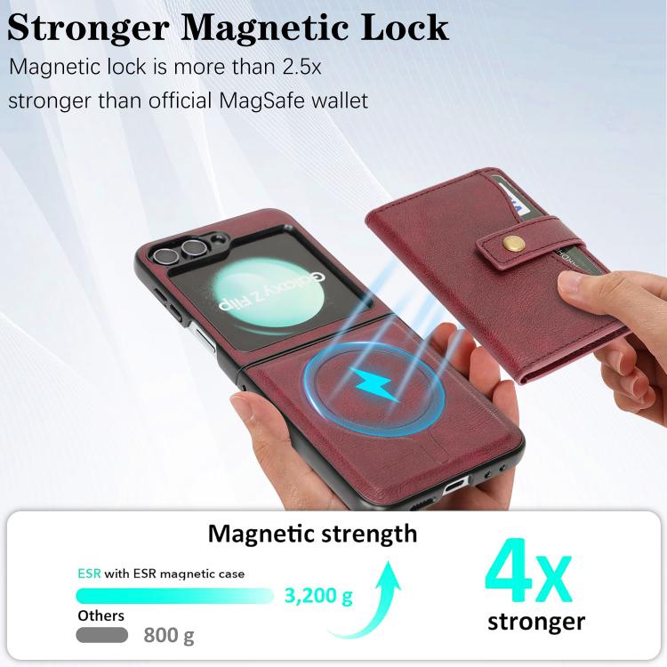 For Samsung Galaxy Z Flip6 / Flip7 FE Kalebol Magnetic Button Card Bag MagSafe Ring Leather Phone Case
