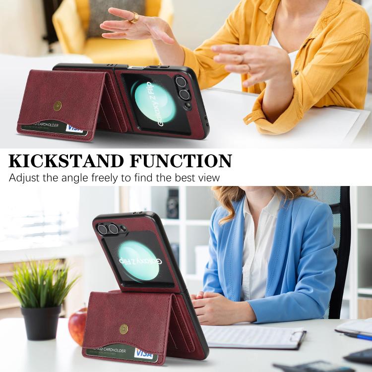 For Samsung Galaxy Z Flip6 / Flip7 FE Kalebol Magnetic Button Card Bag MagSafe Ring Leather Phone Case