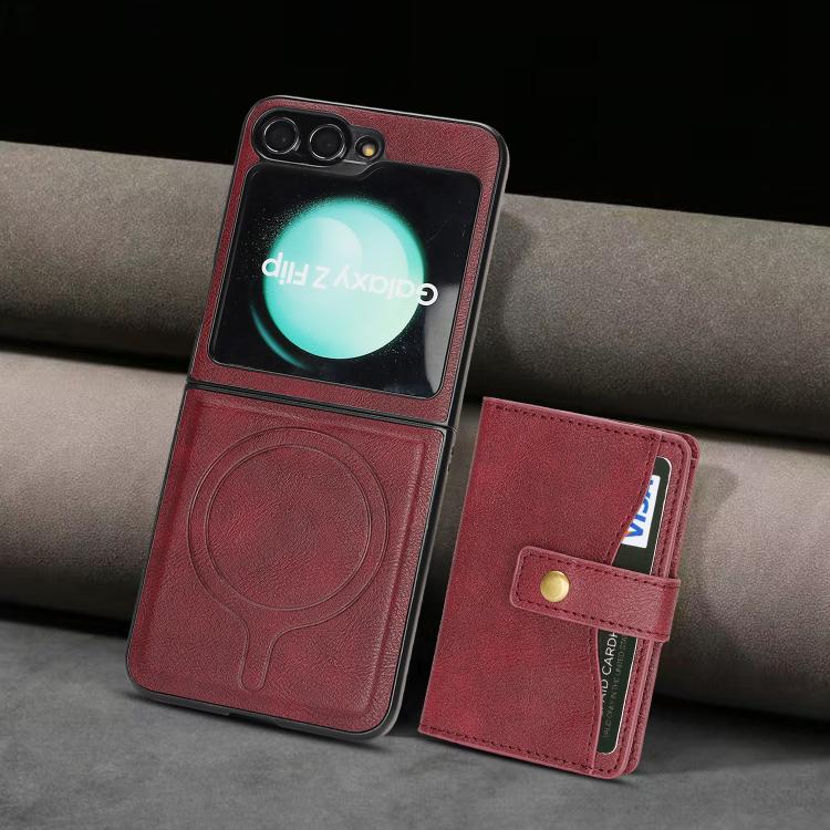 For Samsung Galaxy Z Flip6 / Flip7 FE Kalebol Magnetic Button Card Bag MagSafe Ring Leather Phone Case