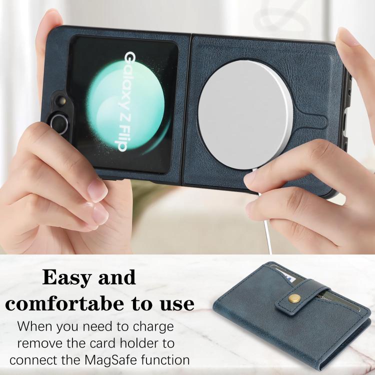For Samsung Galaxy Z Flip6 / Flip7 FE Kalebol Magnetic Button Card Bag MagSafe Ring Leather Phone Case