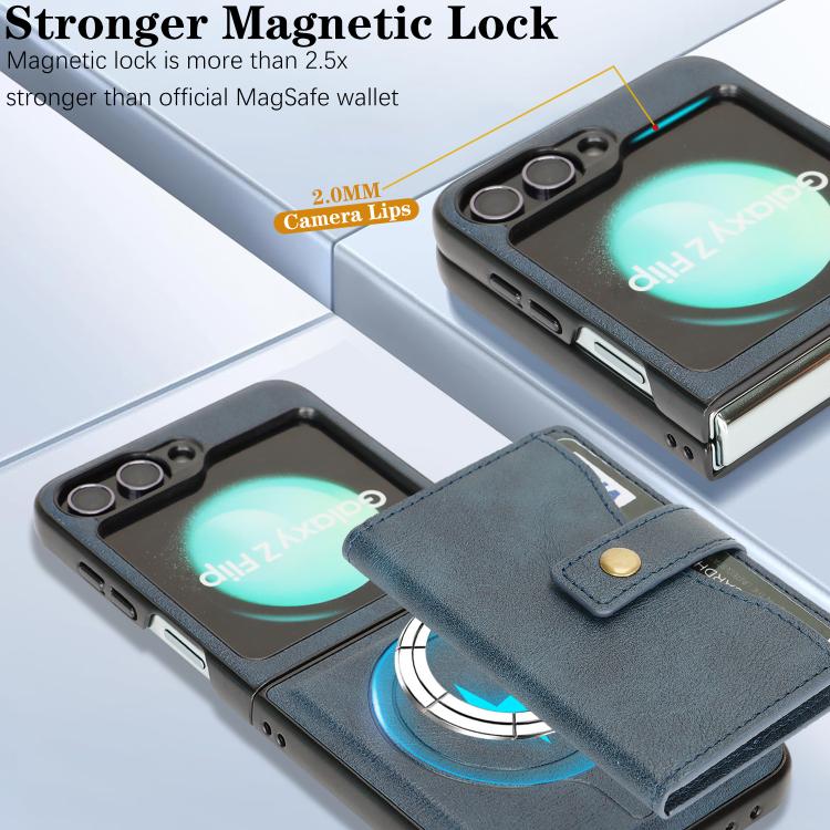 For Samsung Galaxy Z Flip6 / Flip7 FE Kalebol Magnetic Button Card Bag MagSafe Ring Leather Phone Case
