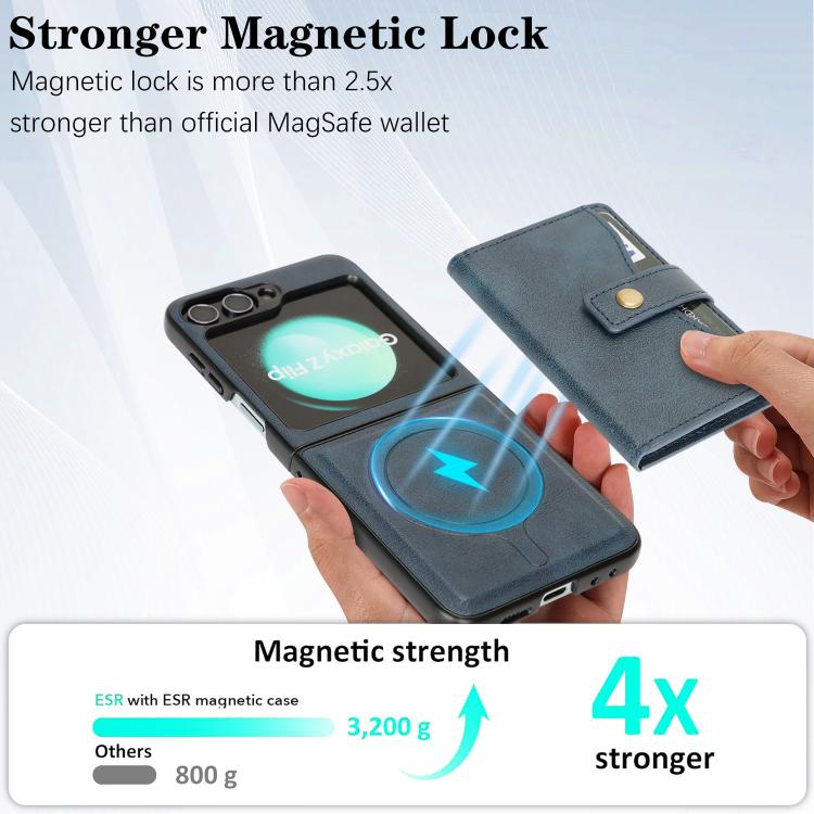 For Samsung Galaxy Z Flip6 / Flip7 FE Kalebol Magnetic Button Card Bag MagSafe Ring Leather Phone Case