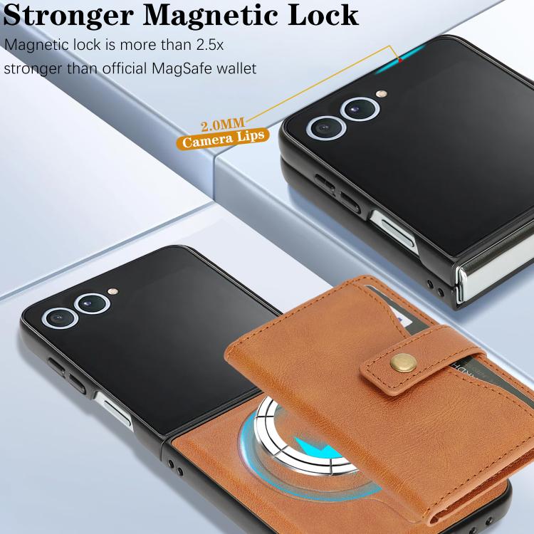 For Samsung Galaxy Z Flip7 Kalebol Magnetic Button Card Bag MagSafe Ring Leather Phone Case