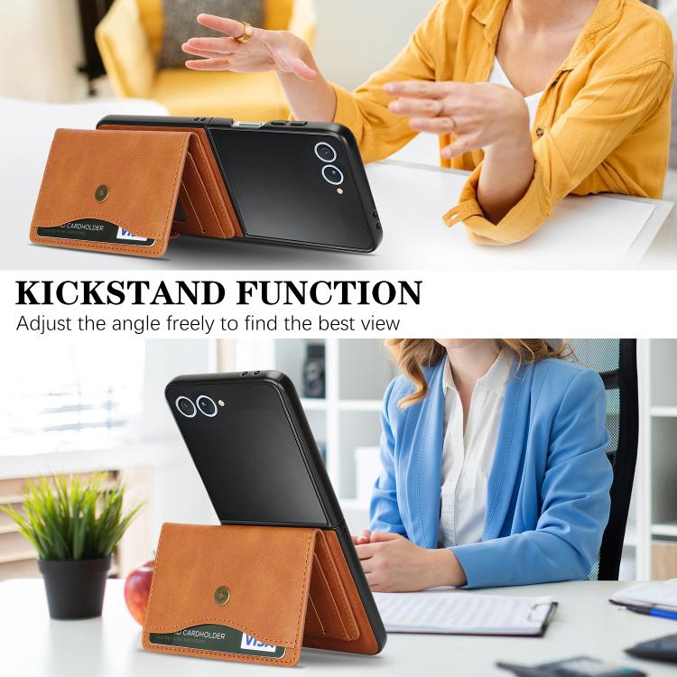 For Samsung Galaxy Z Flip7 Kalebol Magnetic Button Card Bag MagSafe Ring Leather Phone Case
