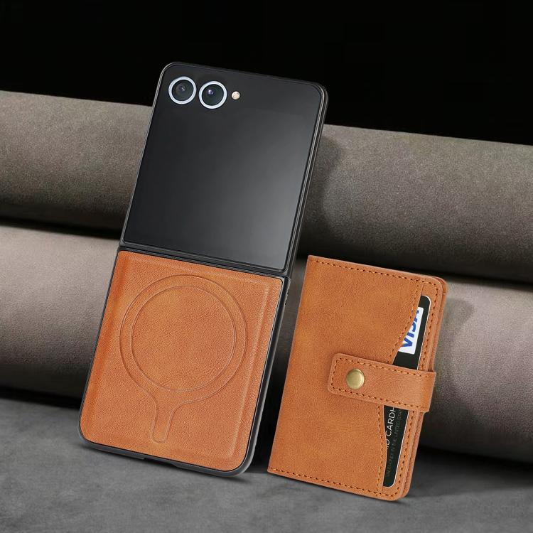 For Samsung Galaxy Z Flip7 Kalebol Magnetic Button Card Bag MagSafe Ring Leather Phone Case