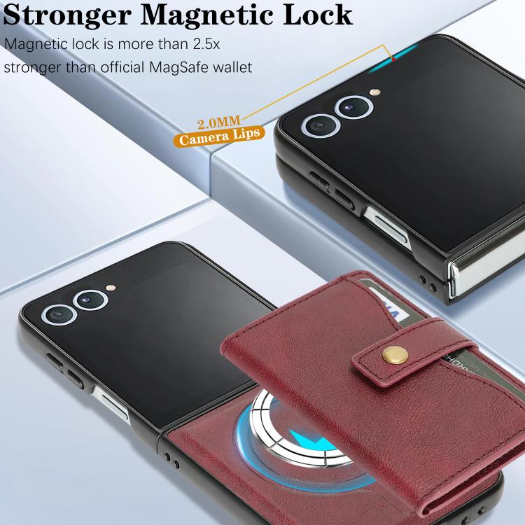 For Samsung Galaxy Z Flip7 Kalebol Magnetic Button Card Bag MagSafe Ring Leather Phone Case