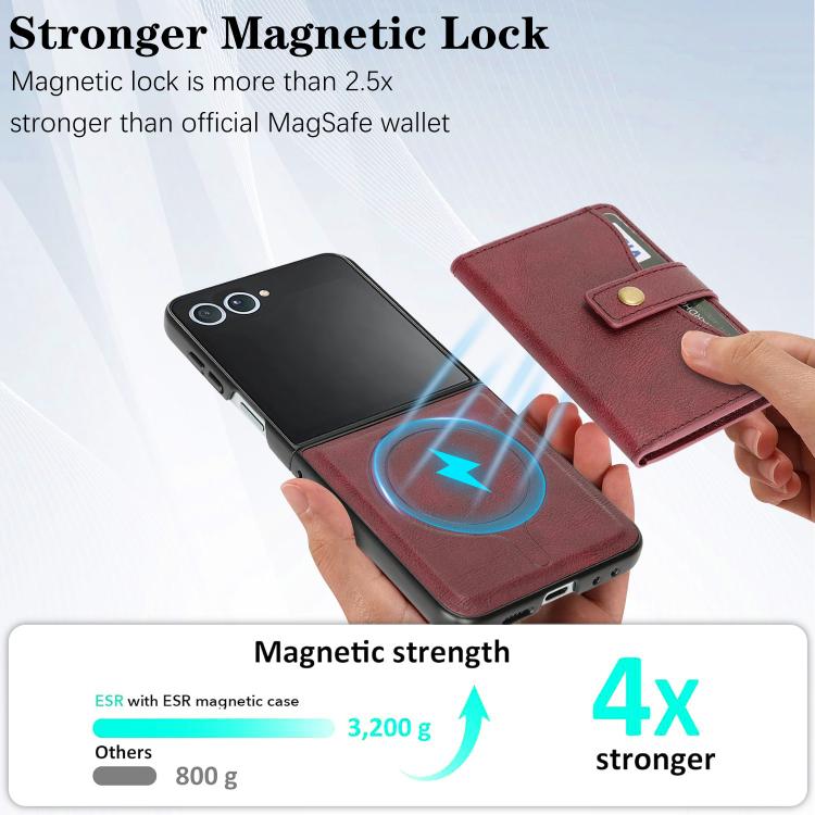 For Samsung Galaxy Z Flip7 Kalebol Magnetic Button Card Bag MagSafe Ring Leather Phone Case