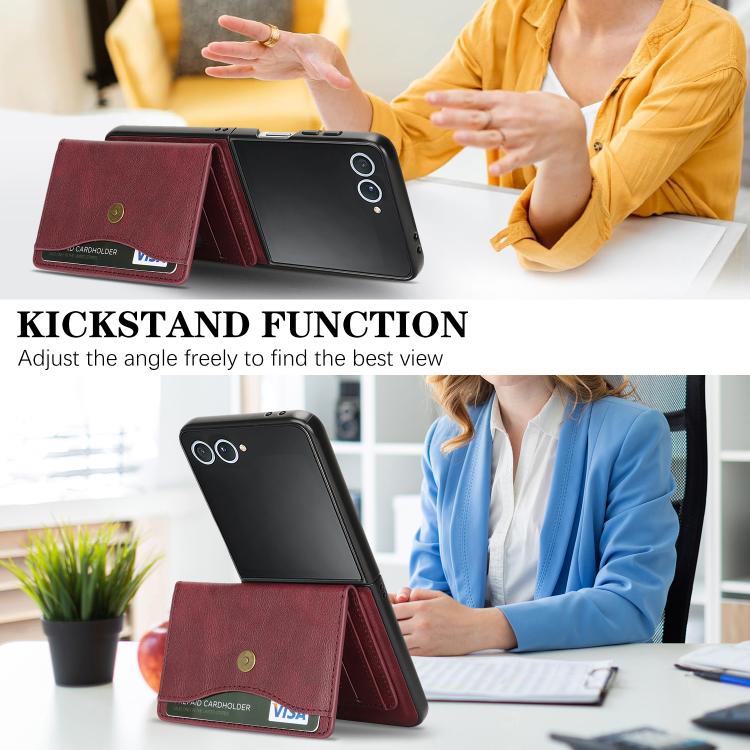 For Samsung Galaxy Z Flip7 Kalebol Magnetic Button Card Bag MagSafe Ring Leather Phone Case