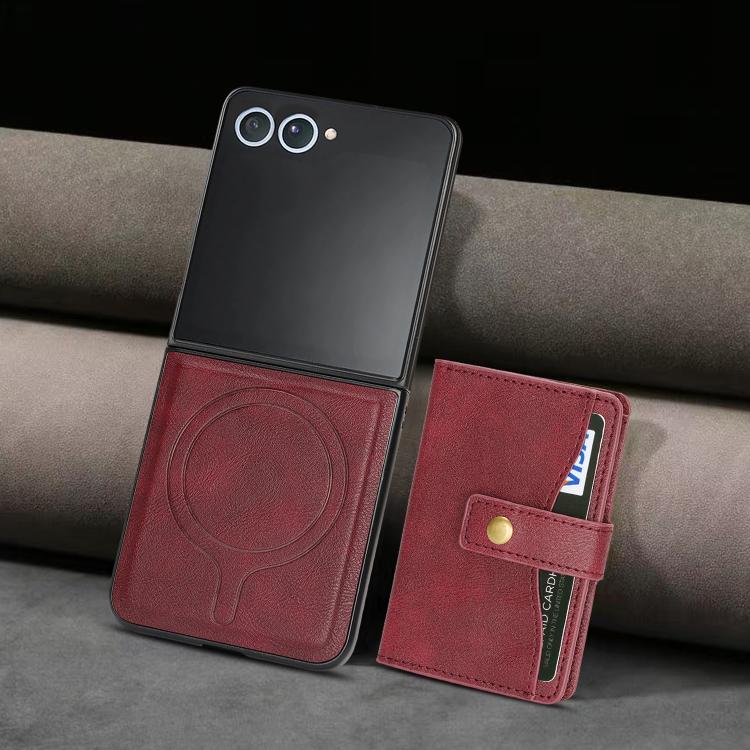 For Samsung Galaxy Z Flip7 Kalebol Magnetic Button Card Bag MagSafe Ring Leather Phone Case