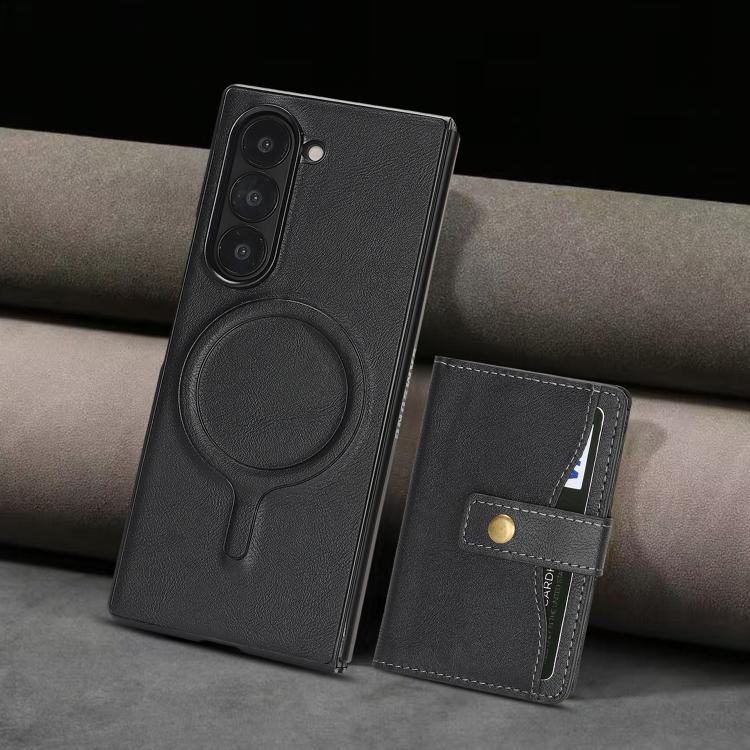 For Samsung Galaxy Z Fold6 Kalebol Magnetic Button Card Bag MagSafe Ring Leather Phone Case