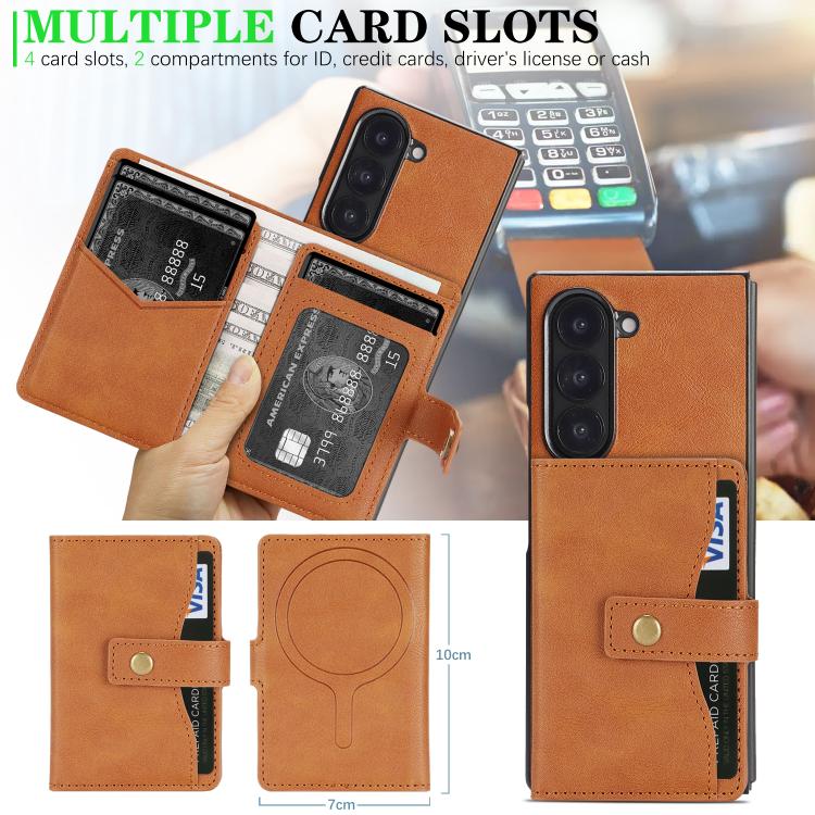 For Samsung Galaxy Z Fold6 Kalebol Magnetic Button Card Bag MagSafe Ring Leather Phone Case