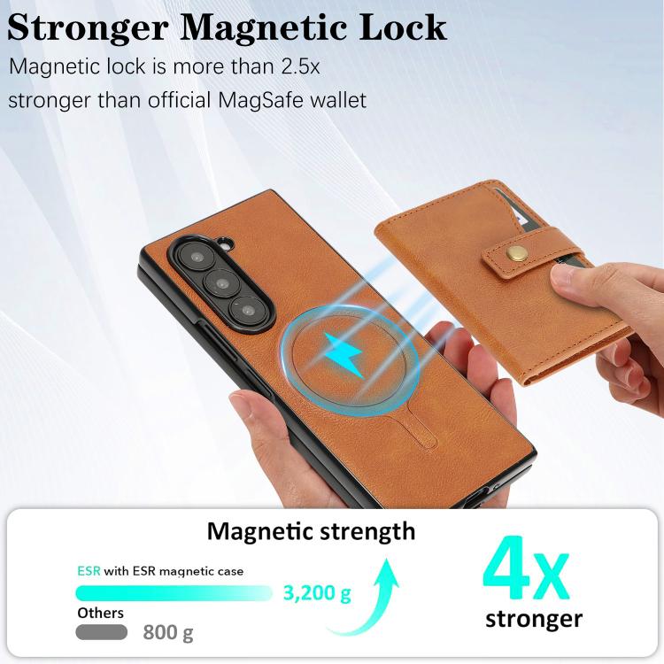 For Samsung Galaxy Z Fold6 Kalebol Magnetic Button Card Bag MagSafe Ring Leather Phone Case