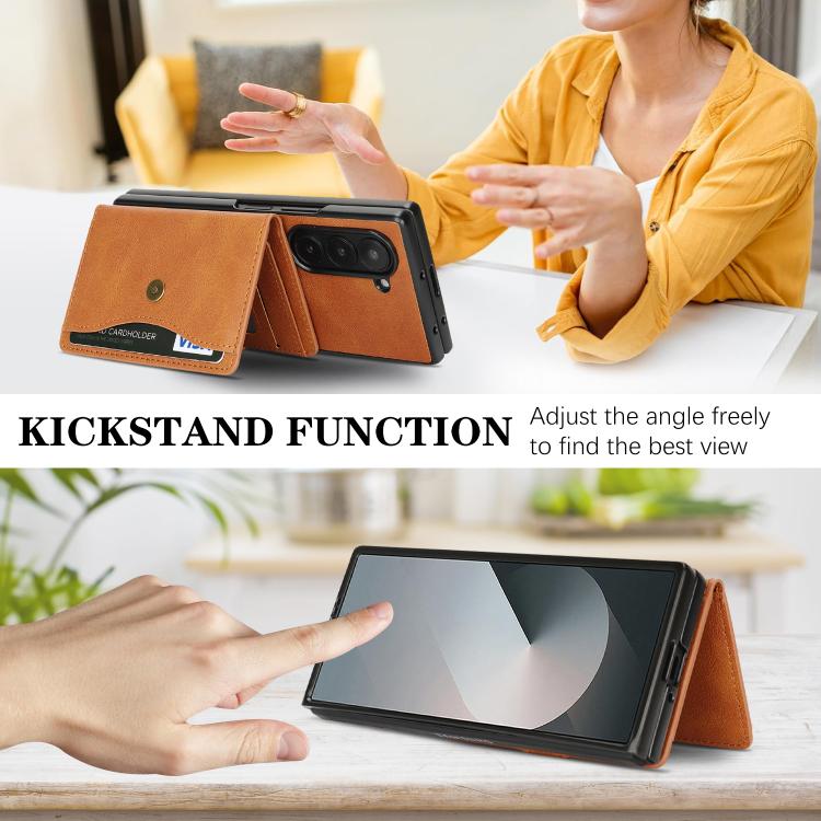 For Samsung Galaxy Z Fold6 Kalebol Magnetic Button Card Bag MagSafe Ring Leather Phone Case