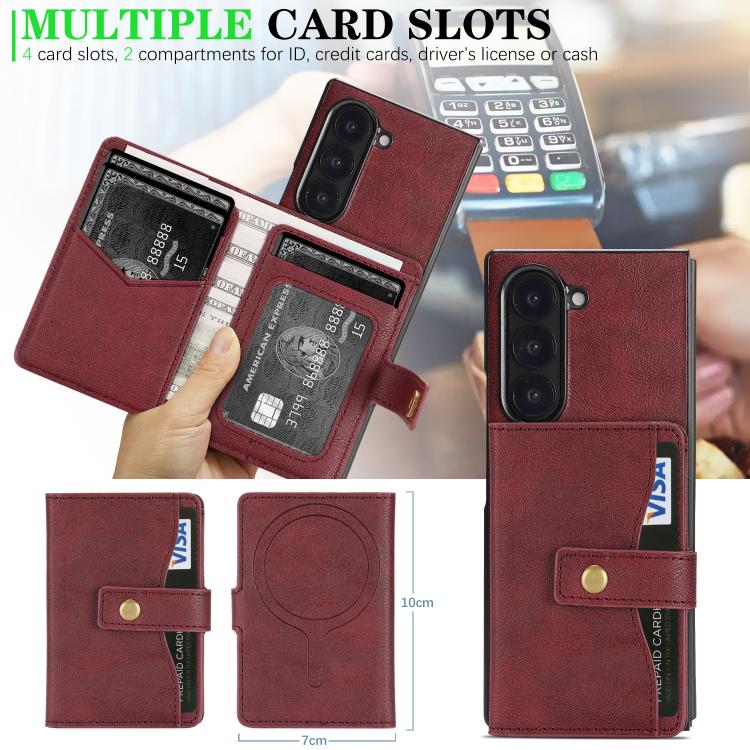 For Samsung Galaxy Z Fold6 Kalebol Magnetic Button Card Bag MagSafe Ring Leather Phone Case