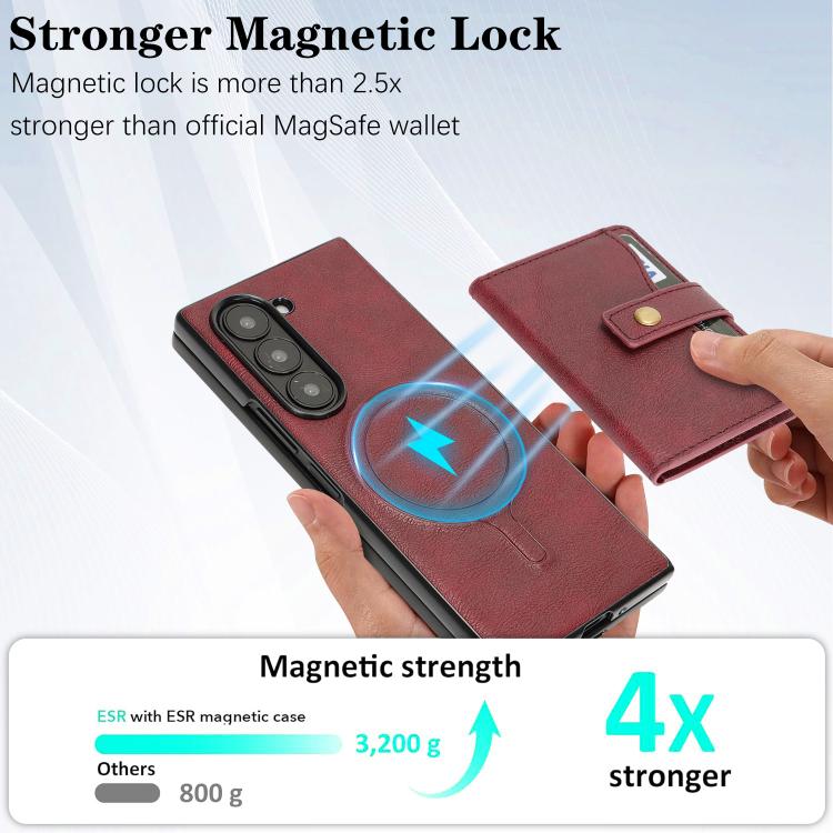 For Samsung Galaxy Z Fold6 Kalebol Magnetic Button Card Bag MagSafe Ring Leather Phone Case