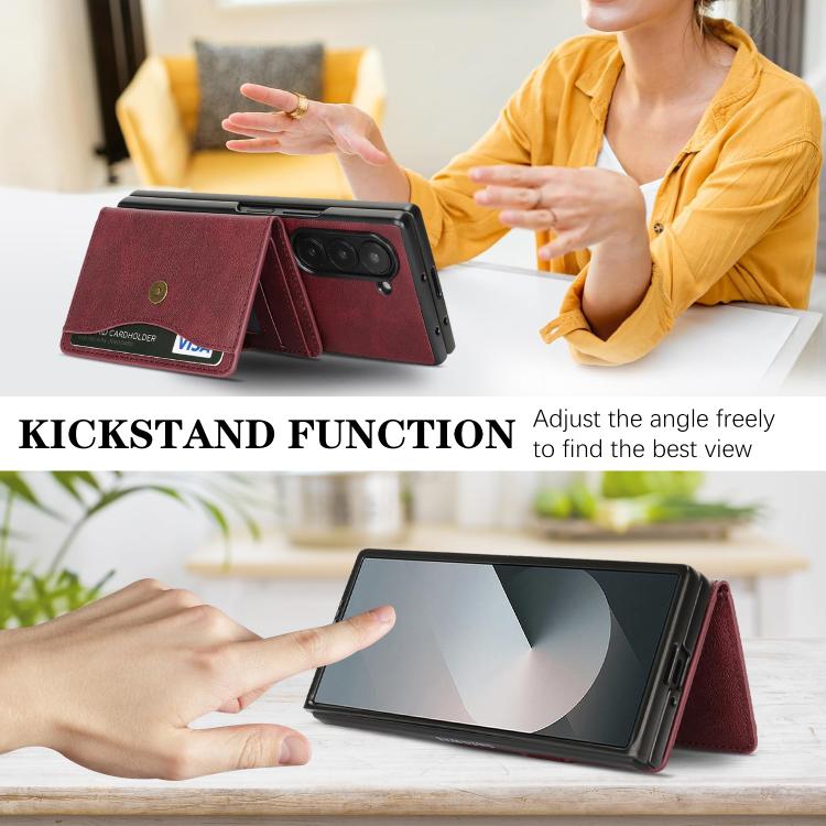 For Samsung Galaxy Z Fold6 Kalebol Magnetic Button Card Bag MagSafe Ring Leather Phone Case