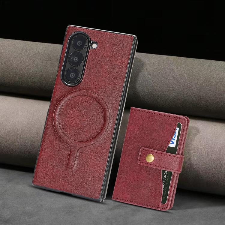 For Samsung Galaxy Z Fold6 Kalebol Magnetic Button Card Bag MagSafe Ring Leather Phone Case