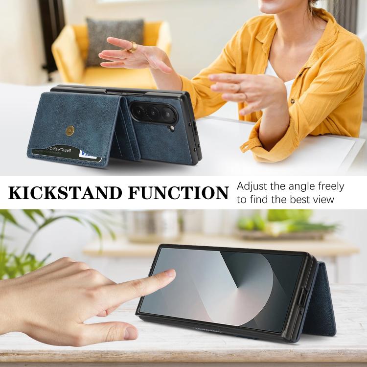 For Samsung Galaxy Z Fold6 Kalebol Magnetic Button Card Bag MagSafe Ring Leather Phone Case