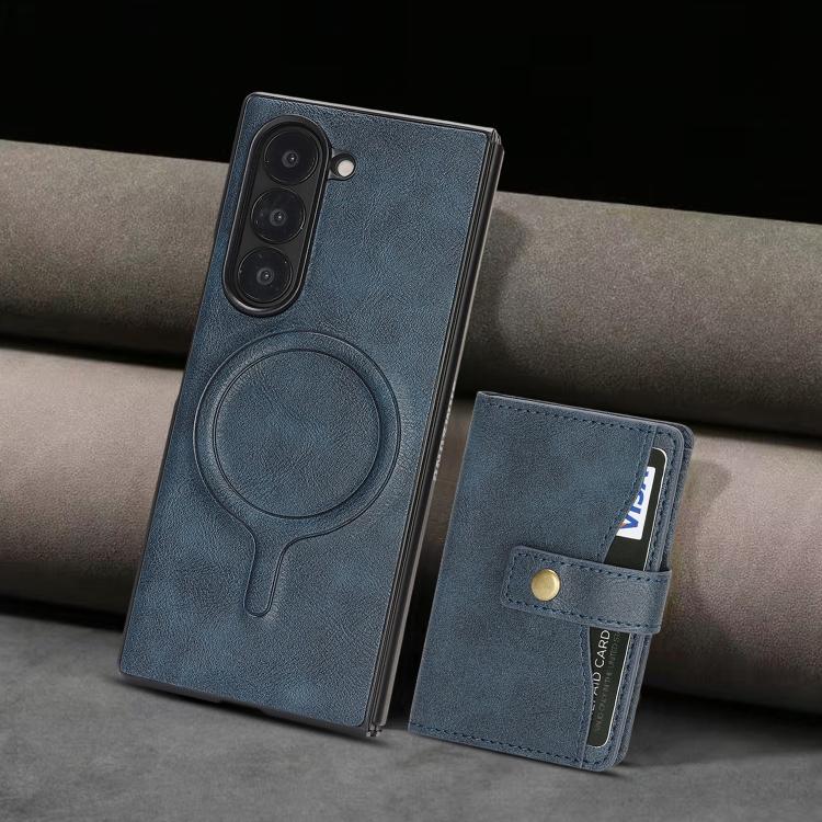 For Samsung Galaxy Z Fold6 Kalebol Magnetic Button Card Bag MagSafe Ring Leather Phone Case