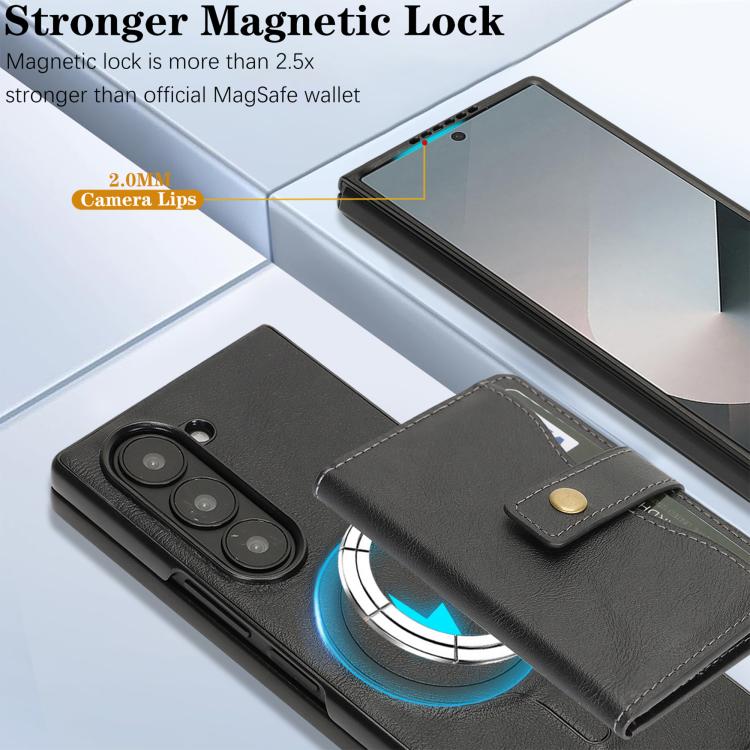 For Samsung Galaxy Z Fold7 Kalebol Magnetic Button Card Bag MagSafe Ring Leather Phone Case
