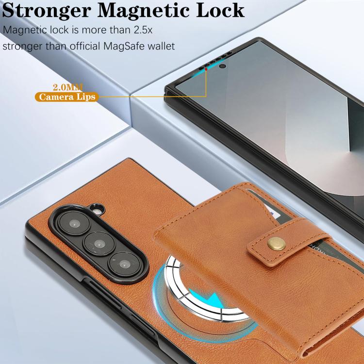 For Samsung Galaxy Z Fold7 Kalebol Magnetic Button Card Bag MagSafe Ring Leather Phone Case