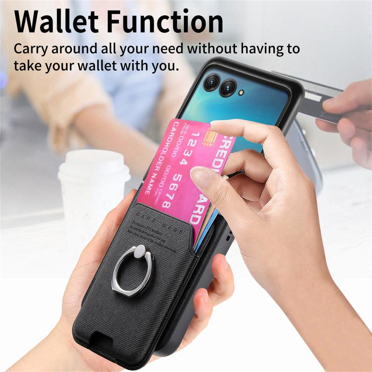 For Motorola Moto Razr 40 Ultra Twill Fabric Card Bag Ring Magnetic Back Phone Case