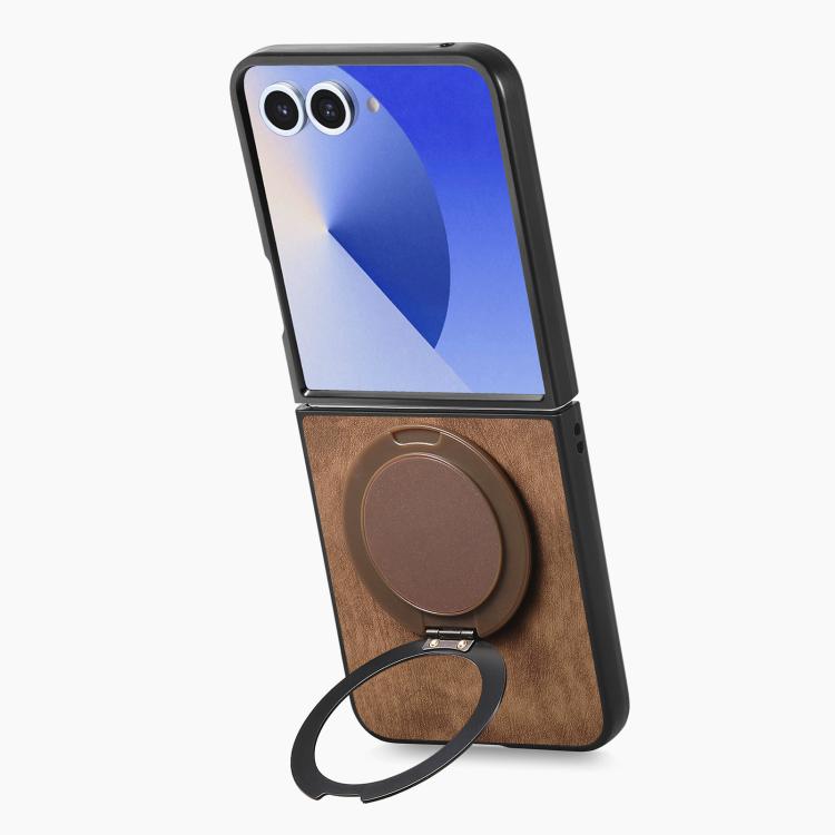 For Galaxy Z Flip7 5G Retro Leather Rotation Round Holder Phone Case