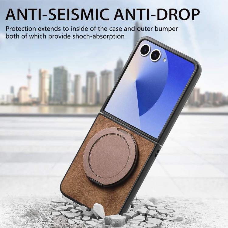 For Galaxy Z Flip7 5G Retro Leather Rotation Round Holder Phone Case