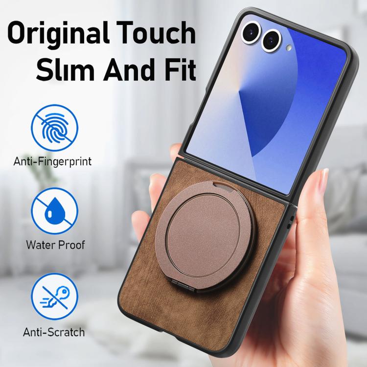 For Galaxy Z Flip7 5G Retro Leather Rotation Round Holder Phone Case