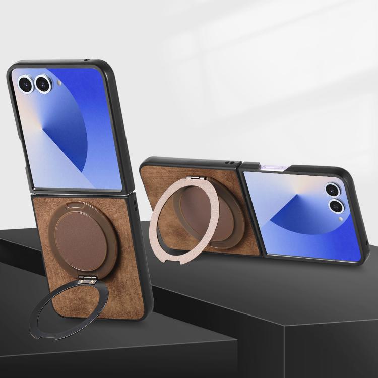 For Galaxy Z Flip7 5G Retro Leather Rotation Round Holder Phone Case