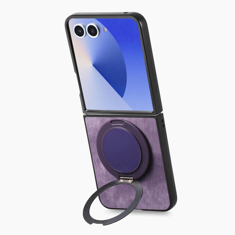 For Galaxy Z Flip7 5G Retro Leather Rotation Round Holder Phone Case