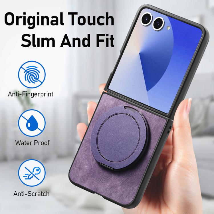 For Galaxy Z Flip7 5G Retro Leather Rotation Round Holder Phone Case