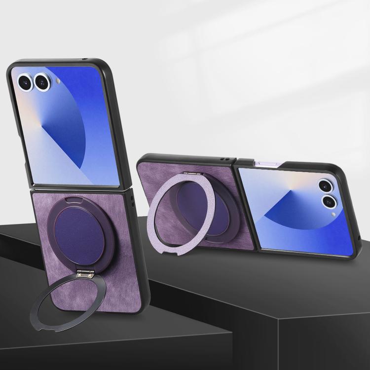 For Galaxy Z Flip7 5G Retro Leather Rotation Round Holder Phone Case