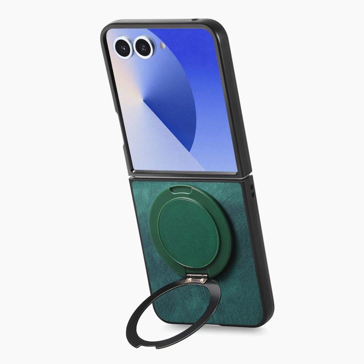 For Galaxy Z Flip7 5G Retro Leather Rotation Round Holder Phone Case