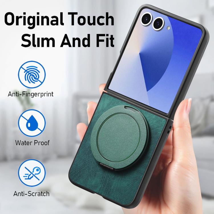 For Galaxy Z Flip7 5G Retro Leather Rotation Round Holder Phone Case