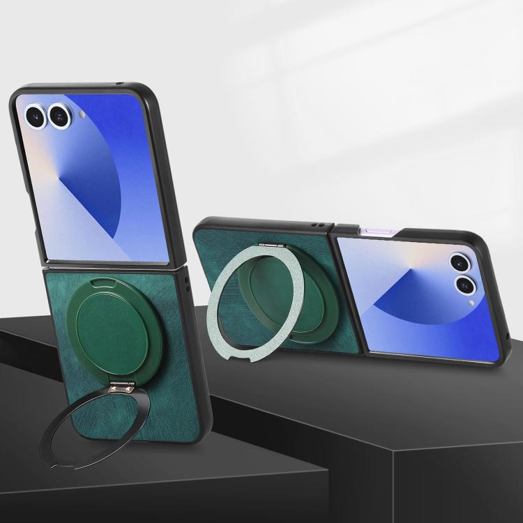 For Galaxy Z Flip7 5G Retro Leather Rotation Round Holder Phone Case