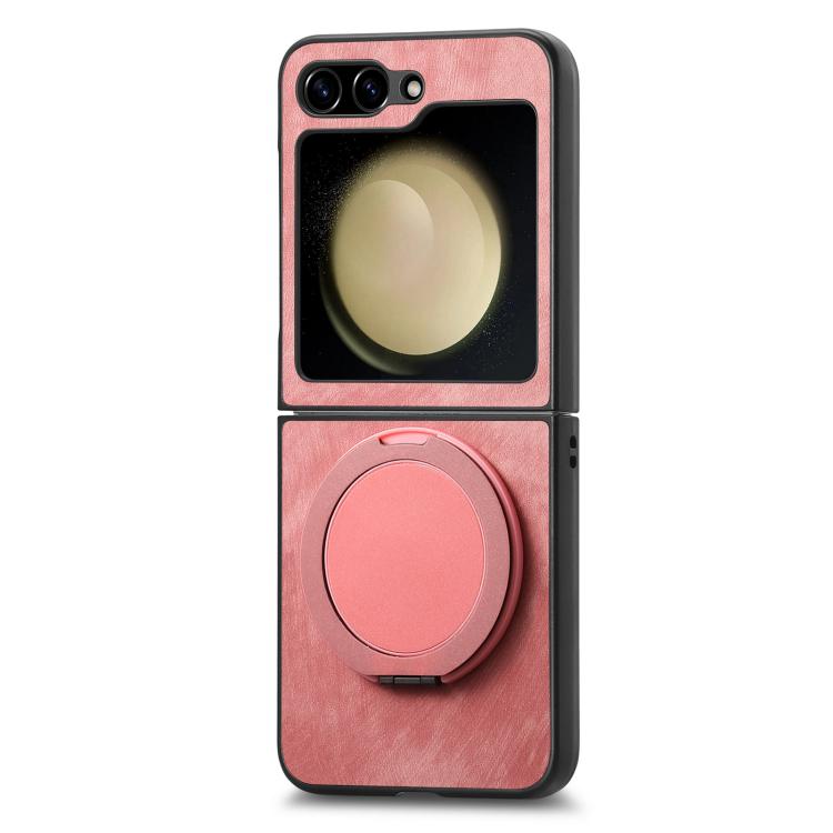 For Galaxy Z Flip6 5G Retro Leather Rotation Round Holder Phone Case
