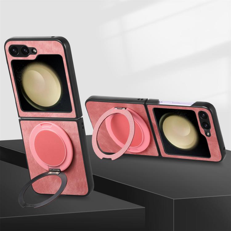 For Galaxy Z Flip6 5G Retro Leather Rotation Round Holder Phone Case