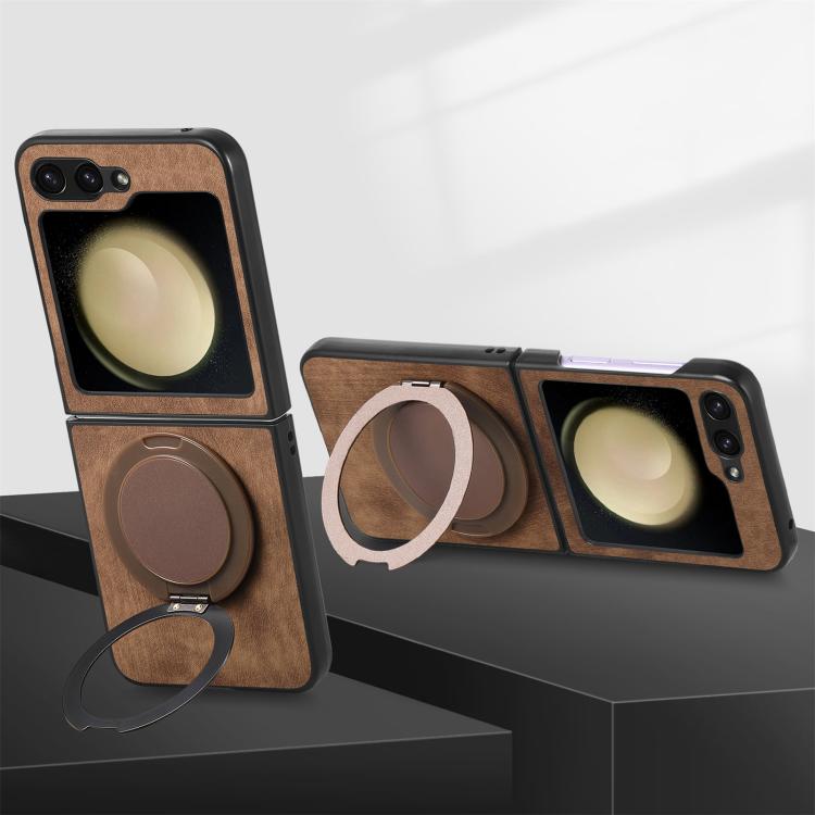 For Galaxy Z Flip6 5G Retro Leather Rotation Round Holder Phone Case