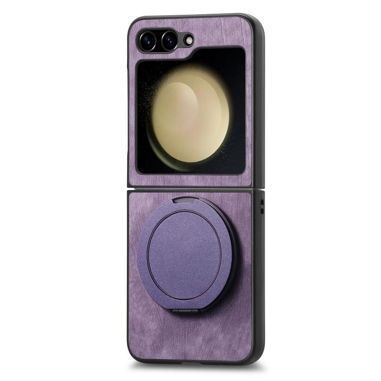 For Galaxy Z Flip6 5G Retro Leather Rotation Round Holder Phone Case