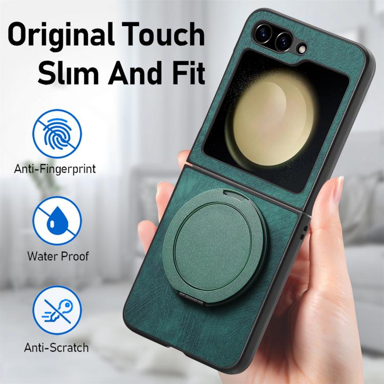 For Galaxy Z Flip6 5G Retro Leather Rotation Round Holder Phone Case