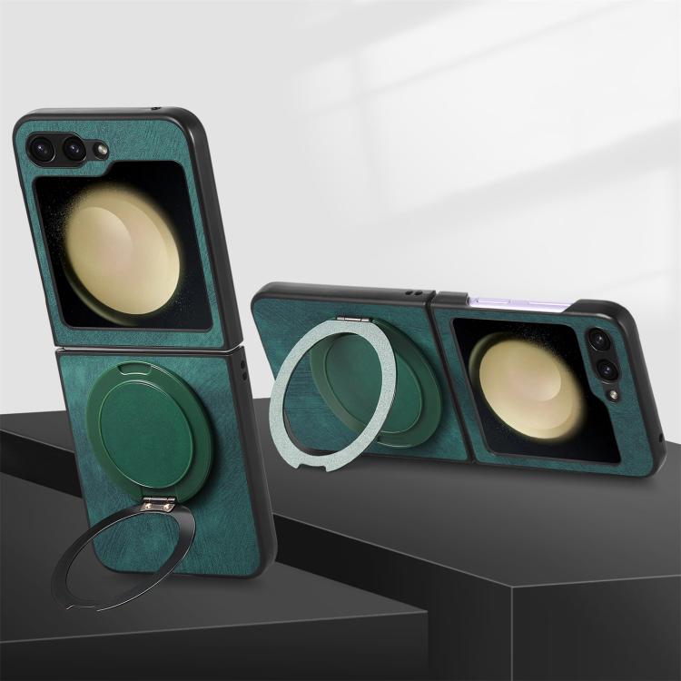 For Galaxy Z Flip6 5G Retro Leather Rotation Round Holder Phone Case