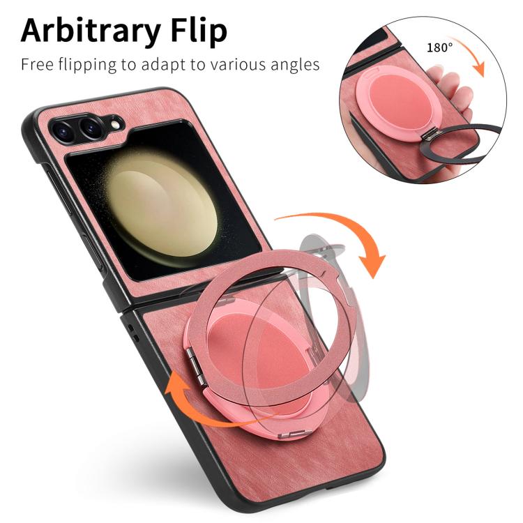 For Galaxy Z Flip5 5G Retro Leather Rotation Round Holder Phone Case