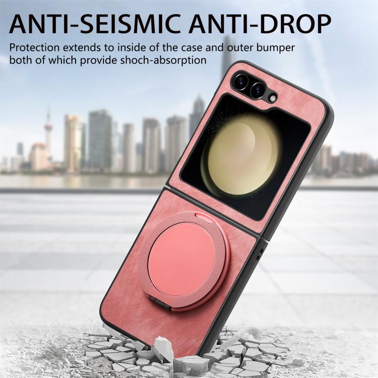 For Galaxy Z Flip5 5G Retro Leather Rotation Round Holder Phone Case