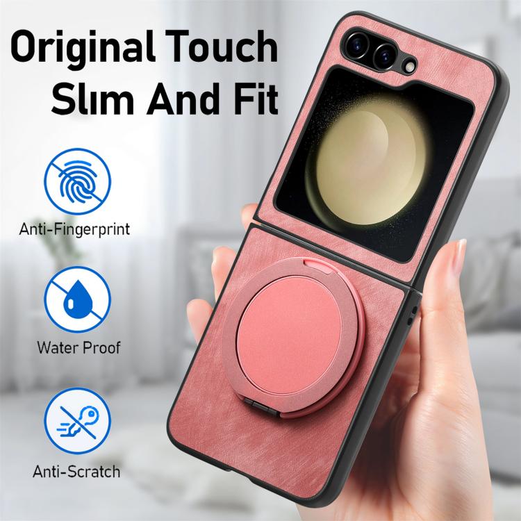 For Galaxy Z Flip5 5G Retro Leather Rotation Round Holder Phone Case