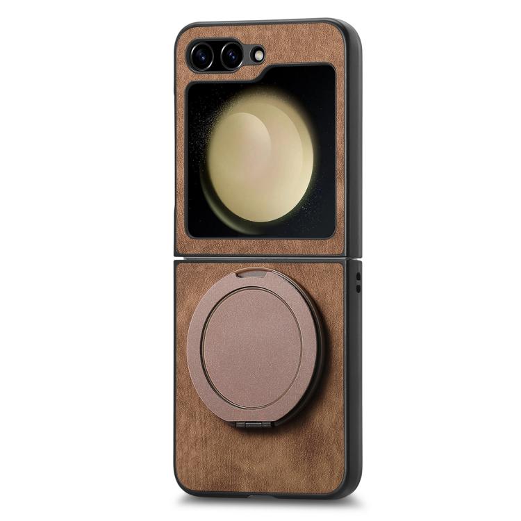 For Galaxy Z Flip5 5G Retro Leather Rotation Round Holder Phone Case