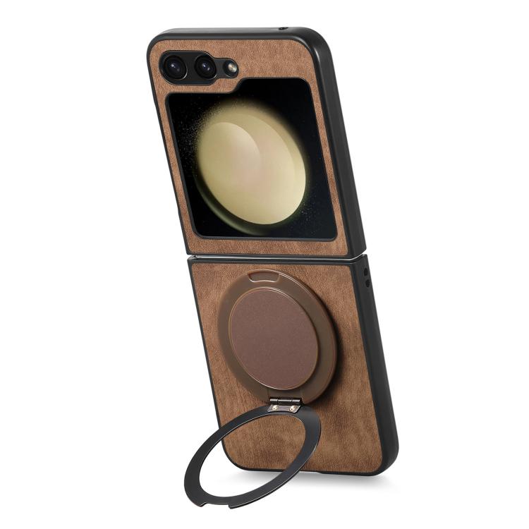 For Galaxy Z Flip5 5G Retro Leather Rotation Round Holder Phone Case
