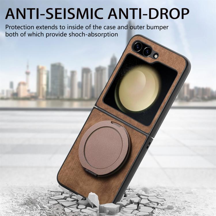For Galaxy Z Flip5 5G Retro Leather Rotation Round Holder Phone Case